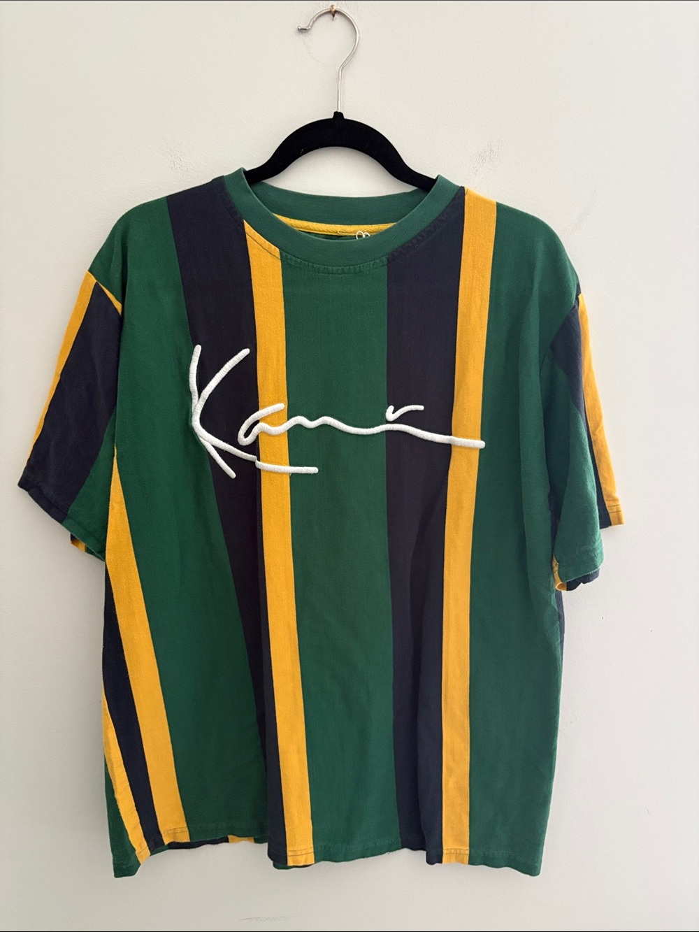 Karl Kani Vertical Stripe Embroidered Logo T-Shirt Green Yellow Size M